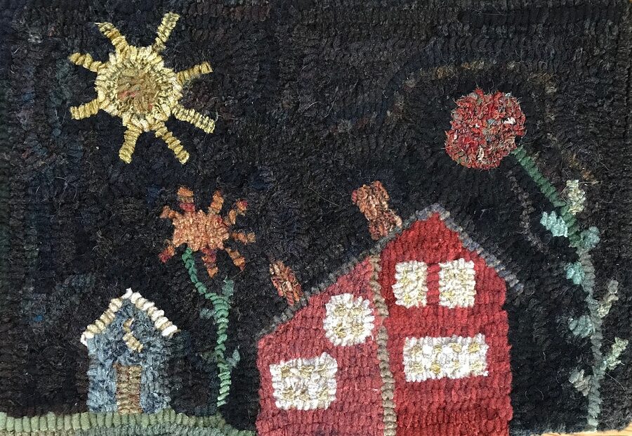 Red House With Posies, a Hand Hooked Rug by Jennifer McKelvie